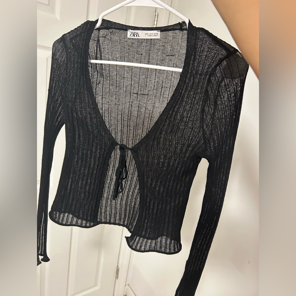 ZARA Open Knit Mesh Tie Front Top